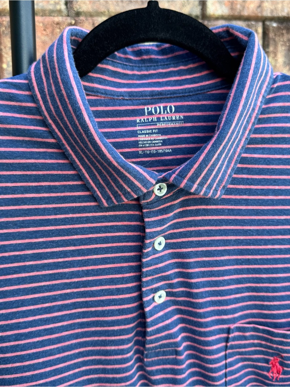 Polo by Ralph Lauren Navy and Pink Striped Performance Polo Shirt